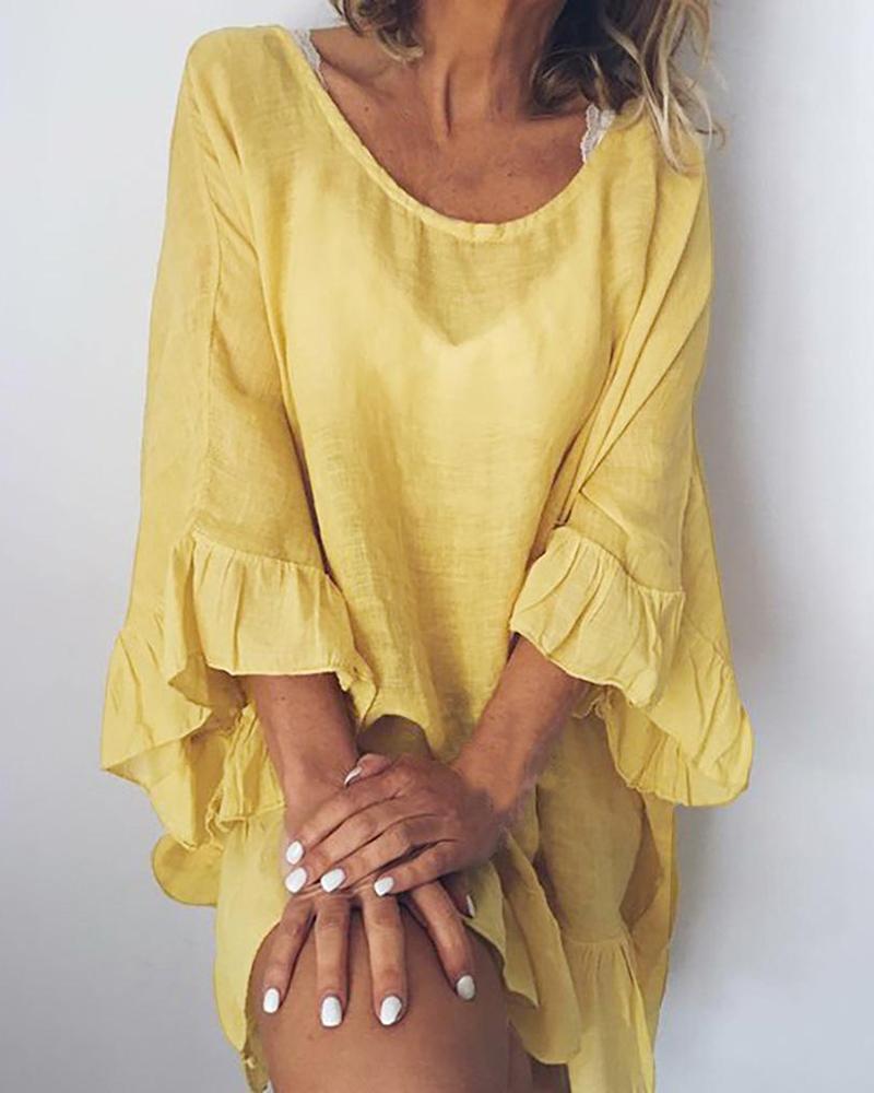 

Cotton and Linen Stitching Ruffled Dress, Yellow