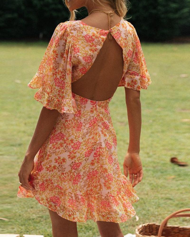 

Backless Floral Print Ruffles Trim Dress, Yellow