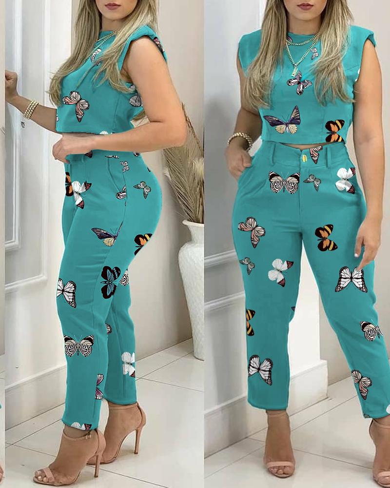 

Butterfly Print Crop Tank Top & Pants Set, Green