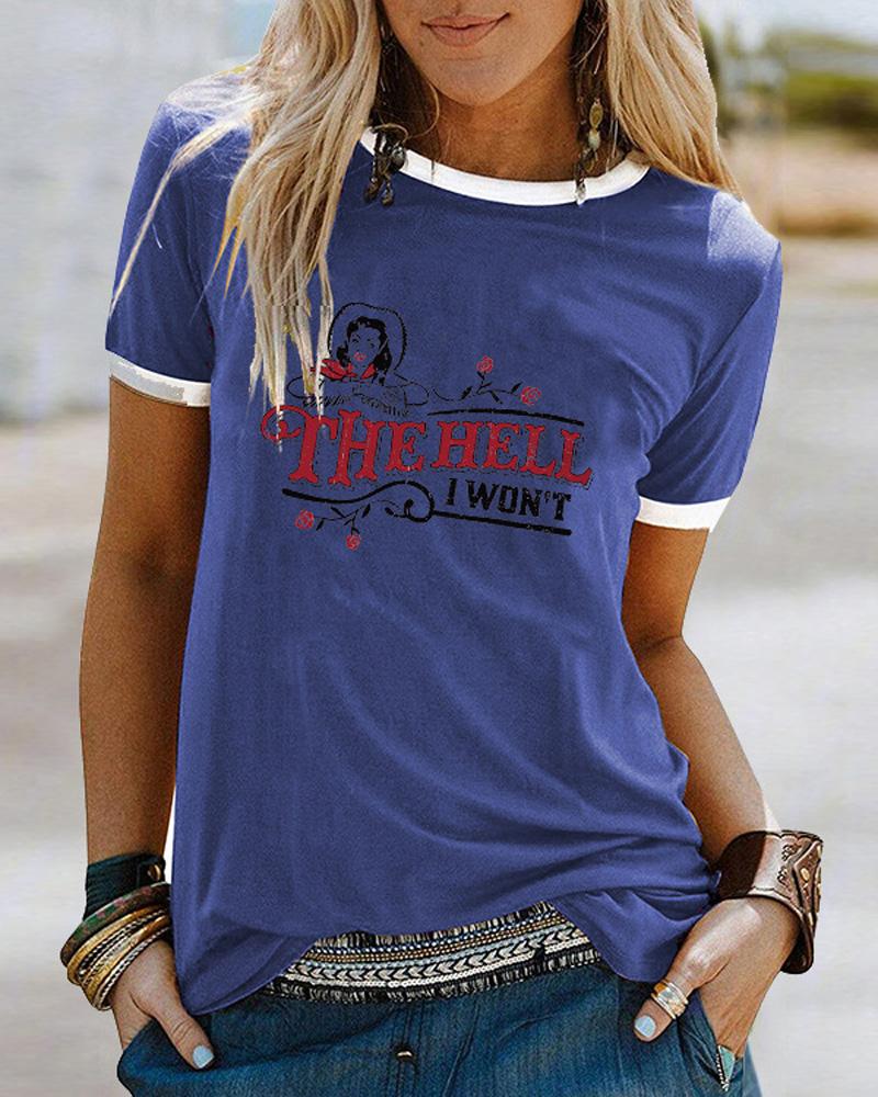 

Letter Figure Print Contrast Binding Casual T-shirt, Blue