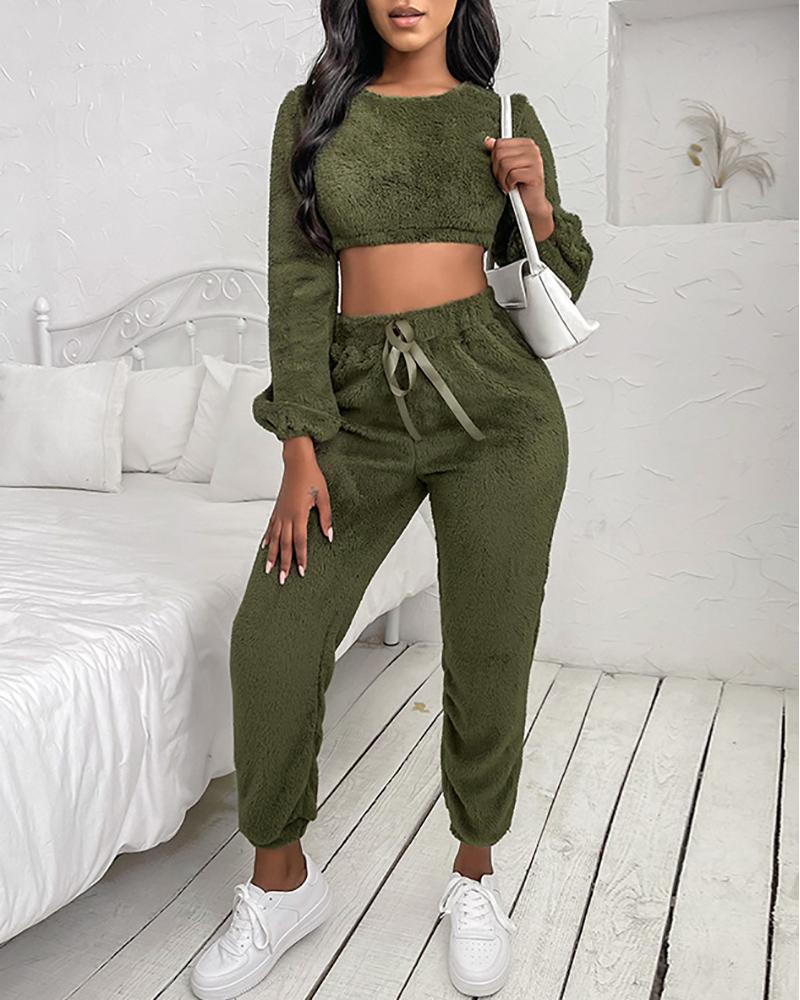 

Lantern Sleeve Fluffy Crop Top & Drawstring Pants Set, Green