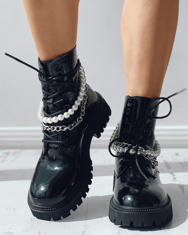 

Beaded Chain Strap Eyelet Lace-up Boots, Black