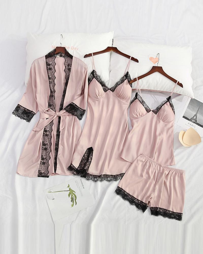 

4PCS Lace Trim Padded Cami Set With Nightdress & Belted Robe, Pink