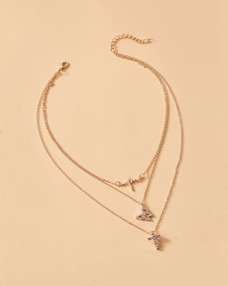 

Rhinestone Butterfly & Cross Pendant Layered Necklace, Gold