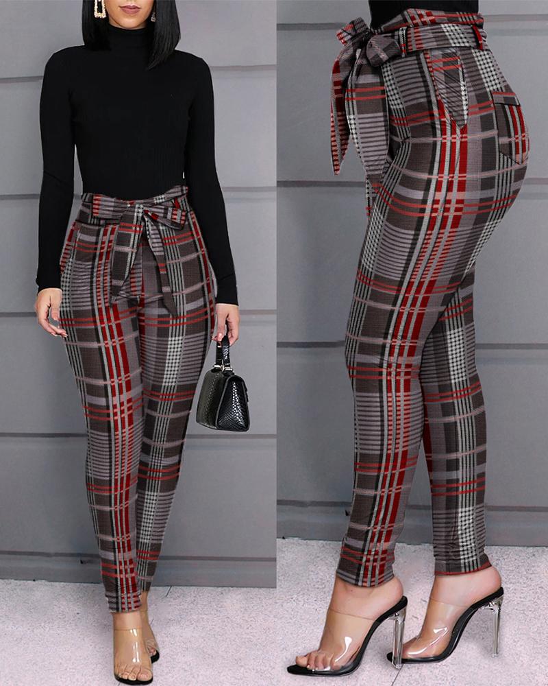 

Plaid Print Skinny Pants With Belt High Waist Long Pants, Red