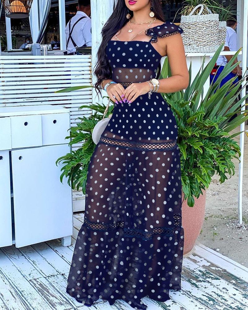 

Polka Dot See Through Mesh Lace Contrast Ruffle Hem Dress, Purplish blue