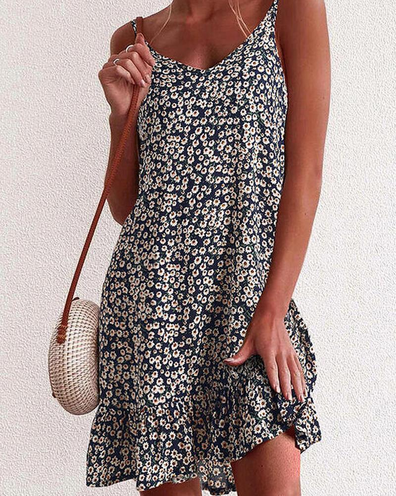 

Spaghetti Strap Daisy Print Backless Ruffles Dress, Black