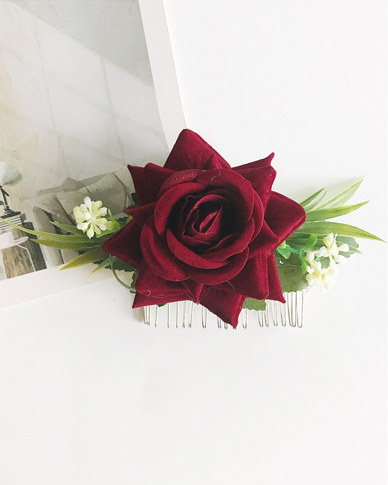 

1pcs Velvet Floral Pattern Bride Wedding Hair Comb Clip, Wine red