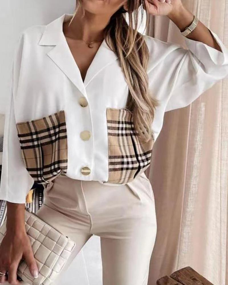 

Plaid Print Pocket Design Buttoned Top, White