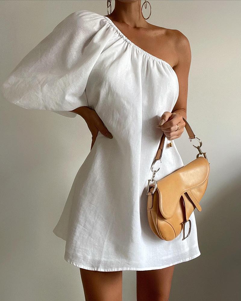 

One Shoulder Puff Sleeve Casual Dress, White