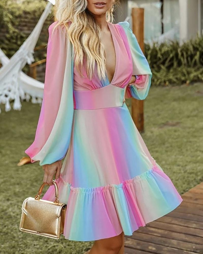 Puff Lantern Sleeve Tie Dye Print Frill Hem Dress