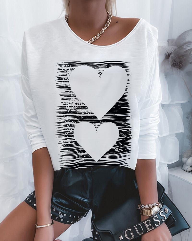 

Long Sleeve Heart Print Casual Top, White