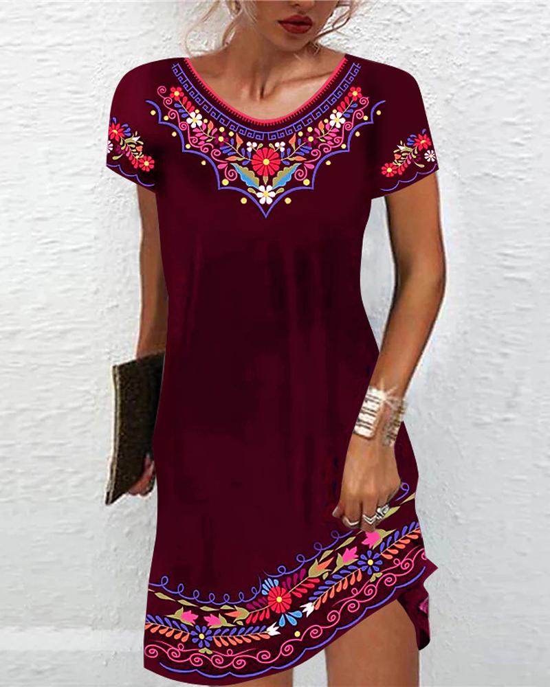 

Floral Tribal Print Short Sleeve Casual Dress, Wine red