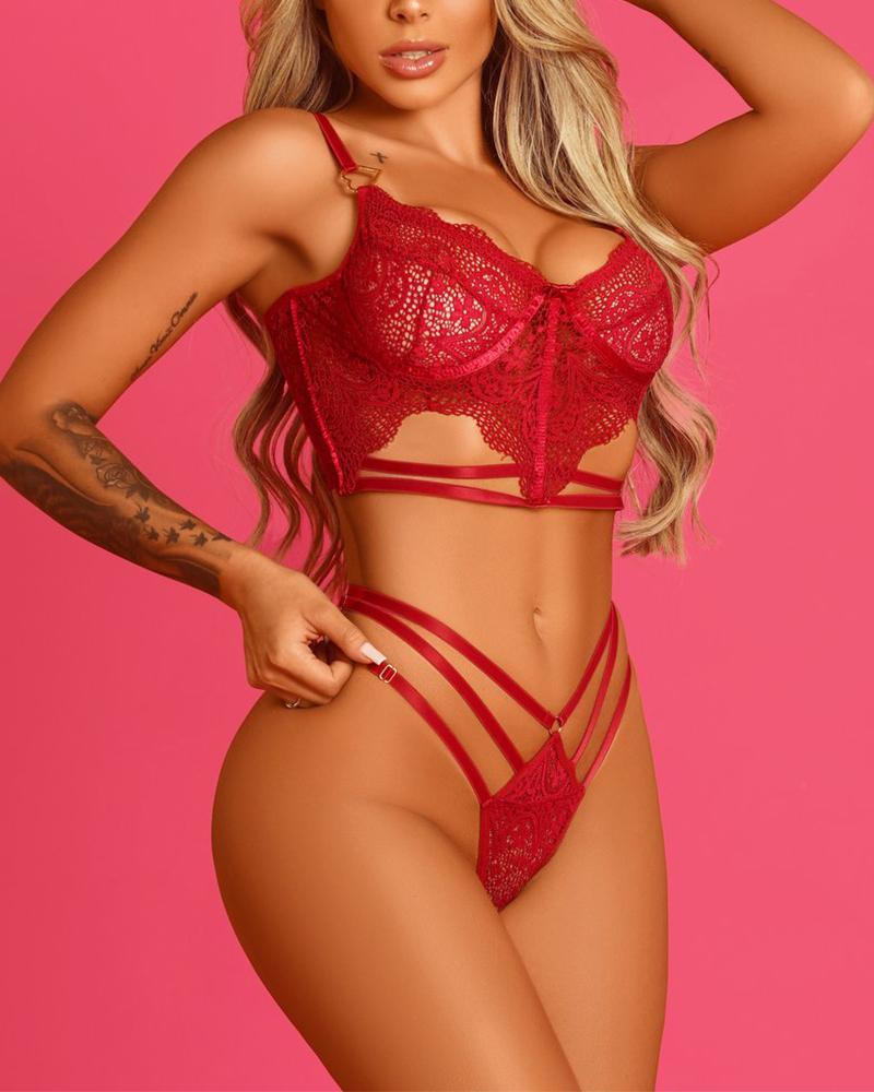 

Metal Heart Ring Linked Lace Lingerie Set, Red