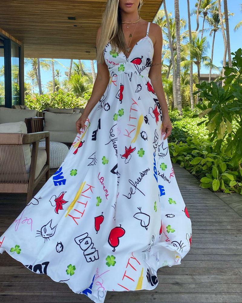 

Letter Heart Print Backless Cami Maxi Dress, White