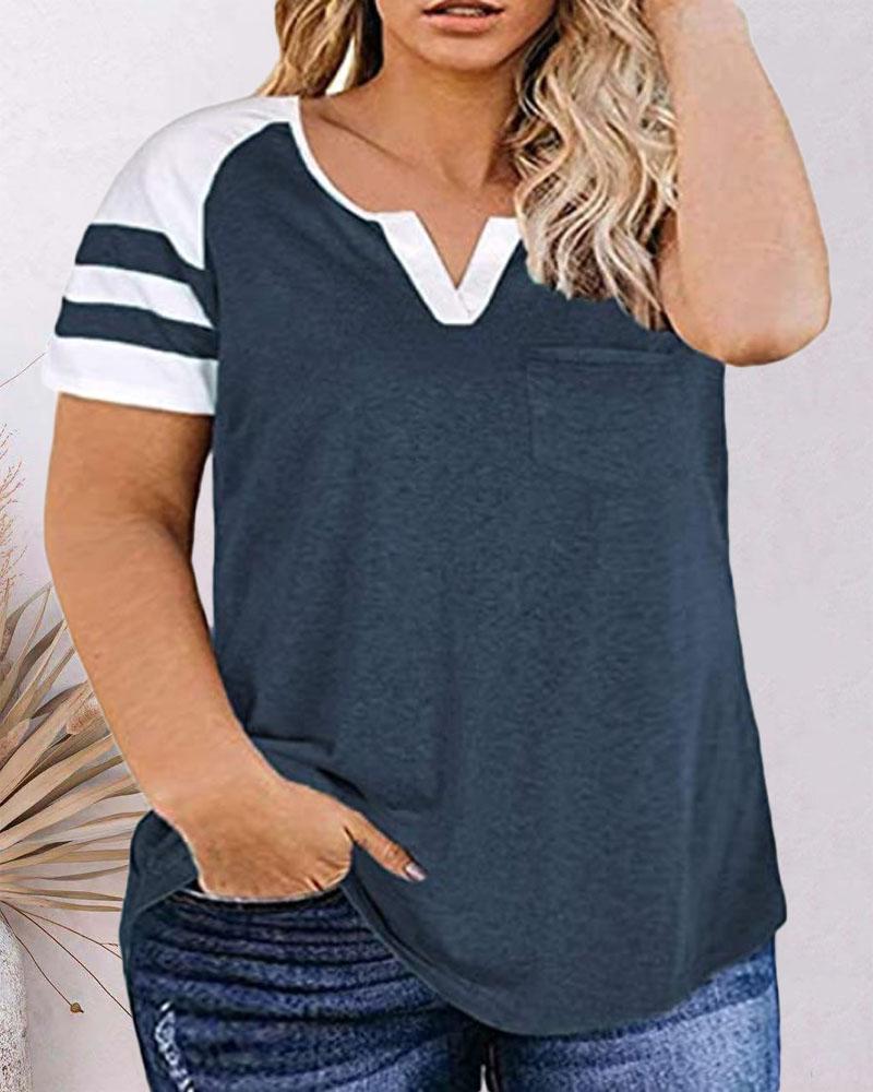 

Plus Size Contrast Paneled Pocket Design Casual T-shirt, Purplish blue