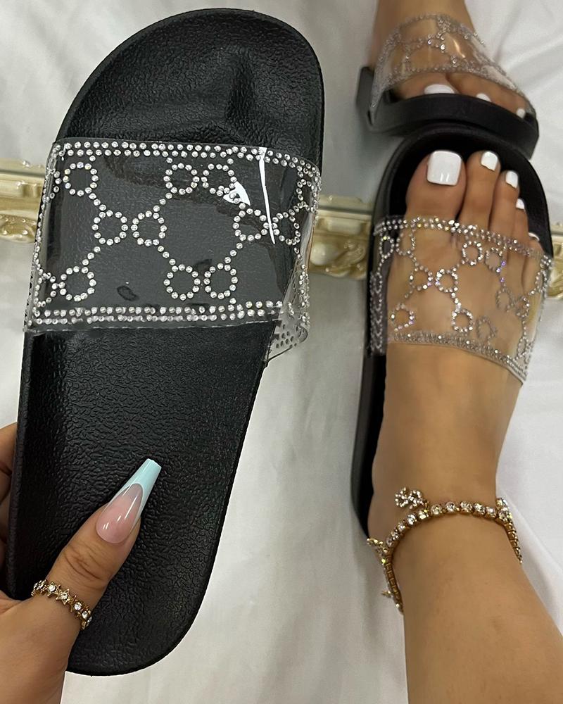 

Rhinestone Geo Pattern Letter Print Slippers, Black