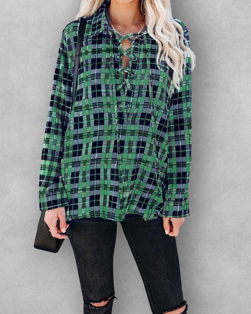 

Plaid Print Grommet Eyelet Lace-up Long Sleeve Top, Green
