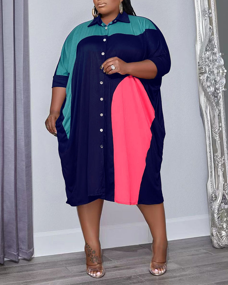 

Plus Size Colorblock Button Down Shirt Dress, Hot pink