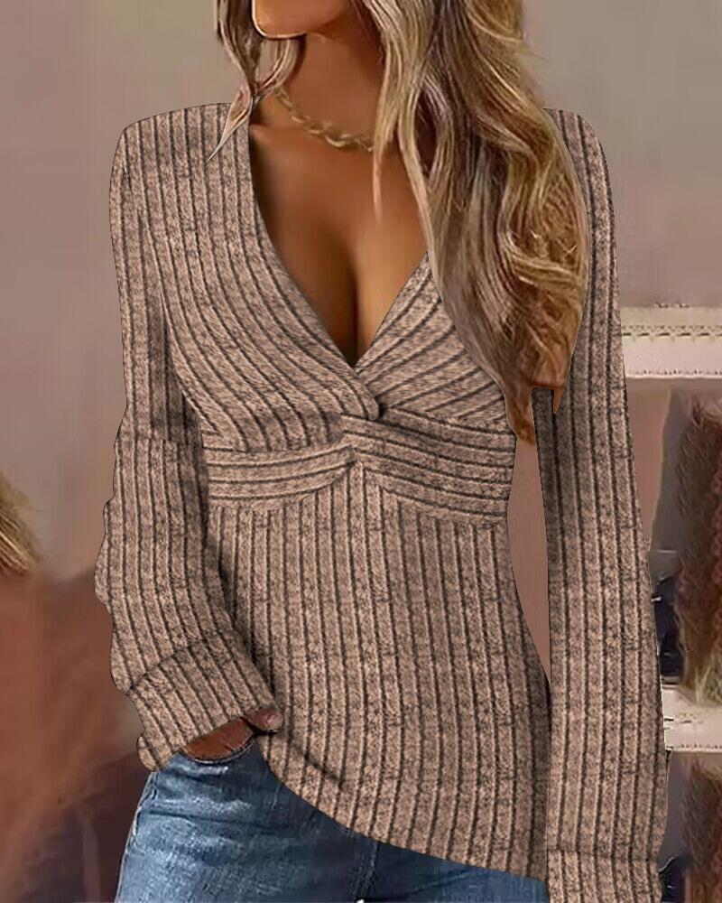 

Twisted V-Neck Long Sleeve Knit Top, Khaki