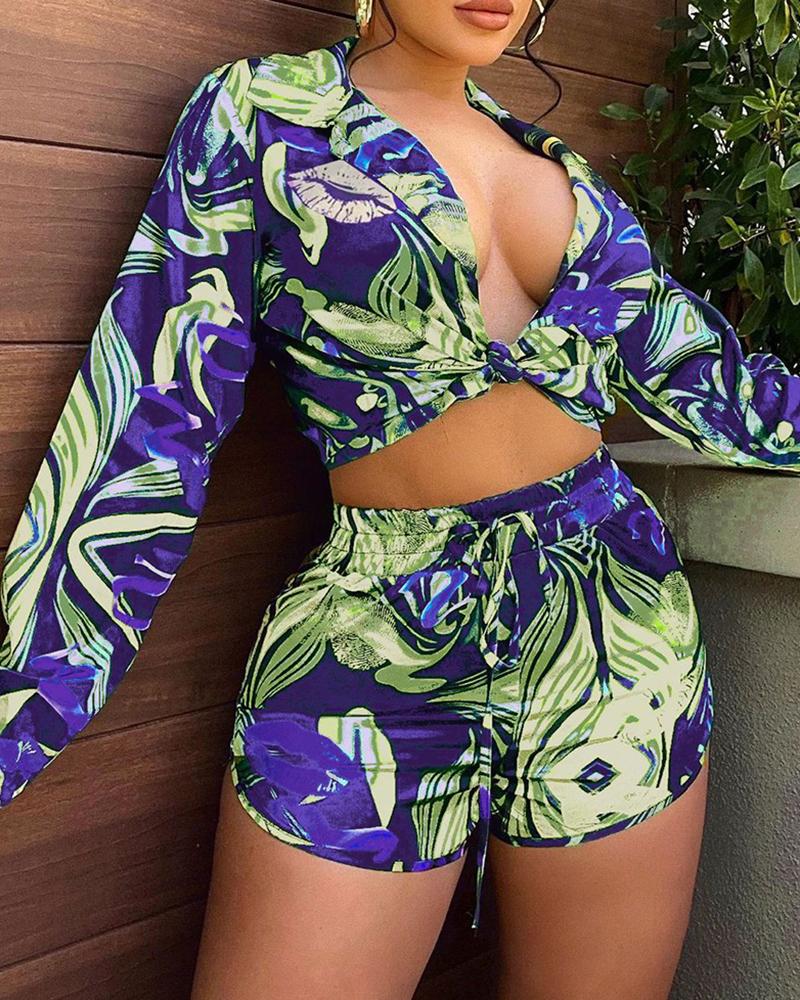 

Tropical Print Shirt & Drawstring Shorts Set, Purple