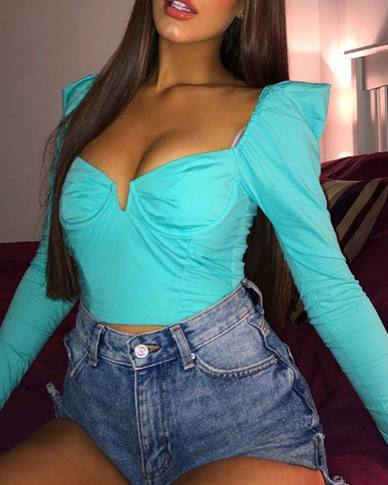 

Solid Long Puff Sleeve Skinny Women Blouse, Light blue