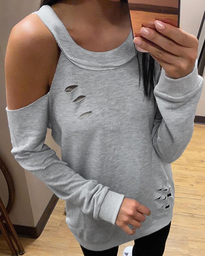 

Cold Shoulder Ladder Cutout Casual Sweatshirt, Light gray