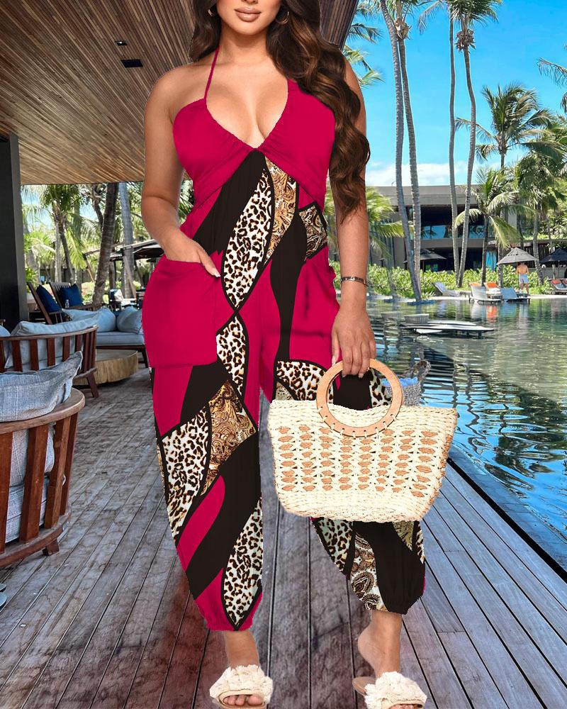 

Baroque Leopard Print Halter Pocket Design Cuffed Jumpsuit, Red