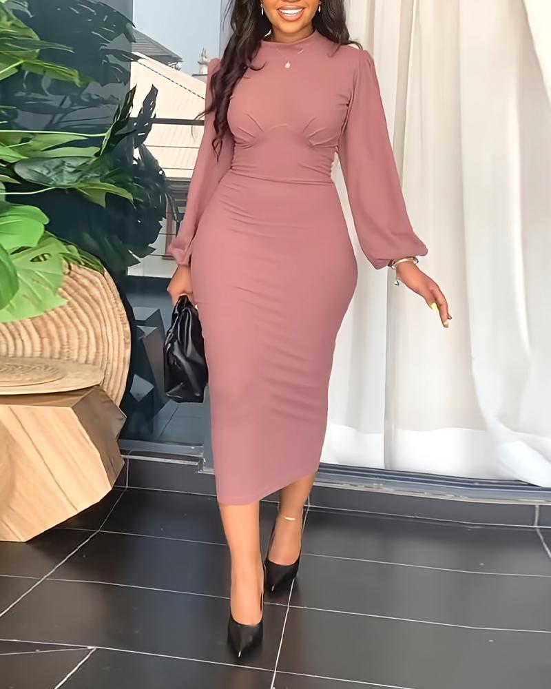 

Plain Puff Split Sleeve Work Dress, Pink