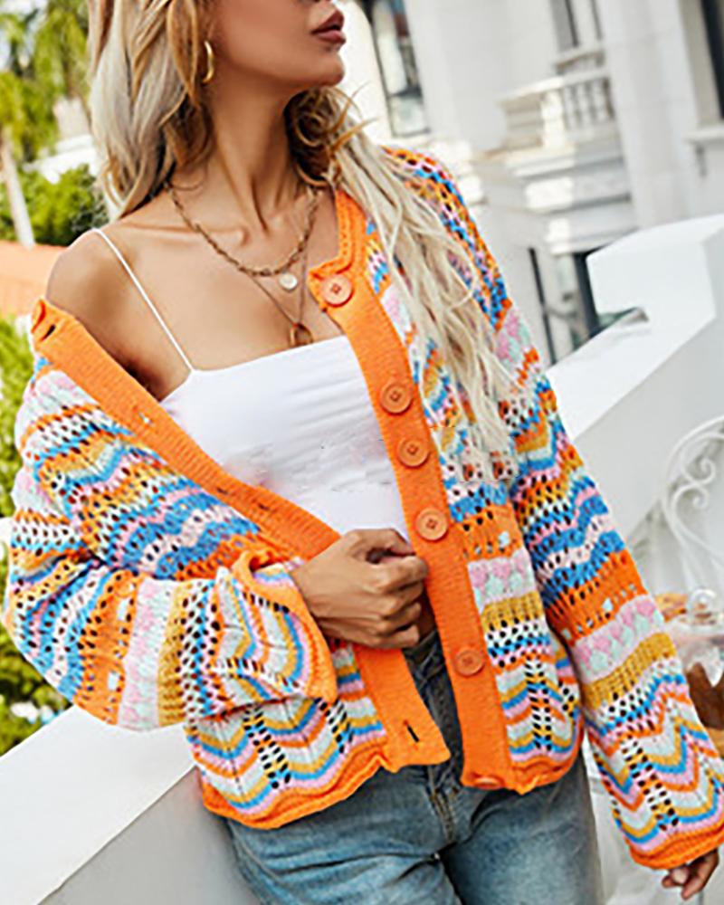 

Striped Colorblock Buttoned Hollow Out Cardigan, Orange