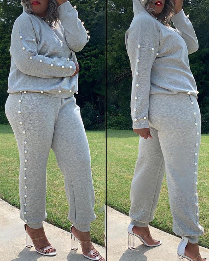 

Beaded Long Sleeve Hooded Sweatshirt & Pocket Design Pants Set, Gray