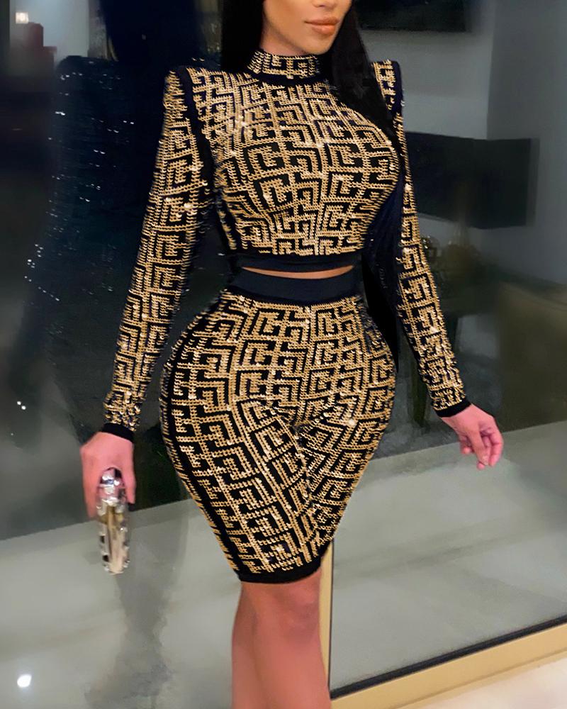 

Rhinestone Geometric Pattern Crop Top & Shorts Set, Gold