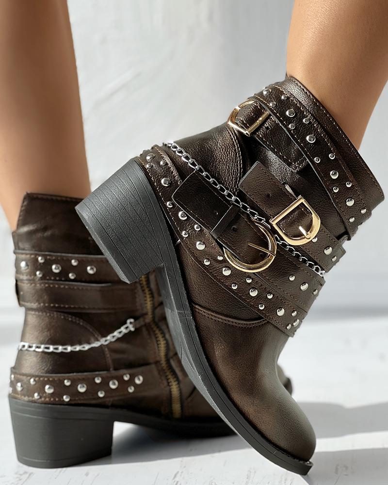 

Studded Buckled Thermal Snow Boots, Coffee