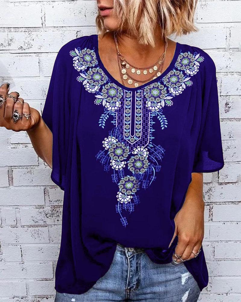 

Tribal Print Flutter Sleeve Casual Top, Blue