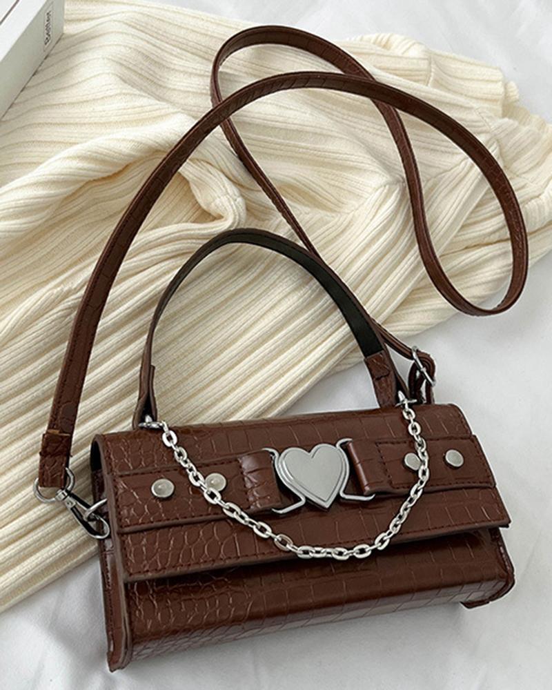 

Chain Decor Heart Belted Rectangular Satchel Bag, Coffee