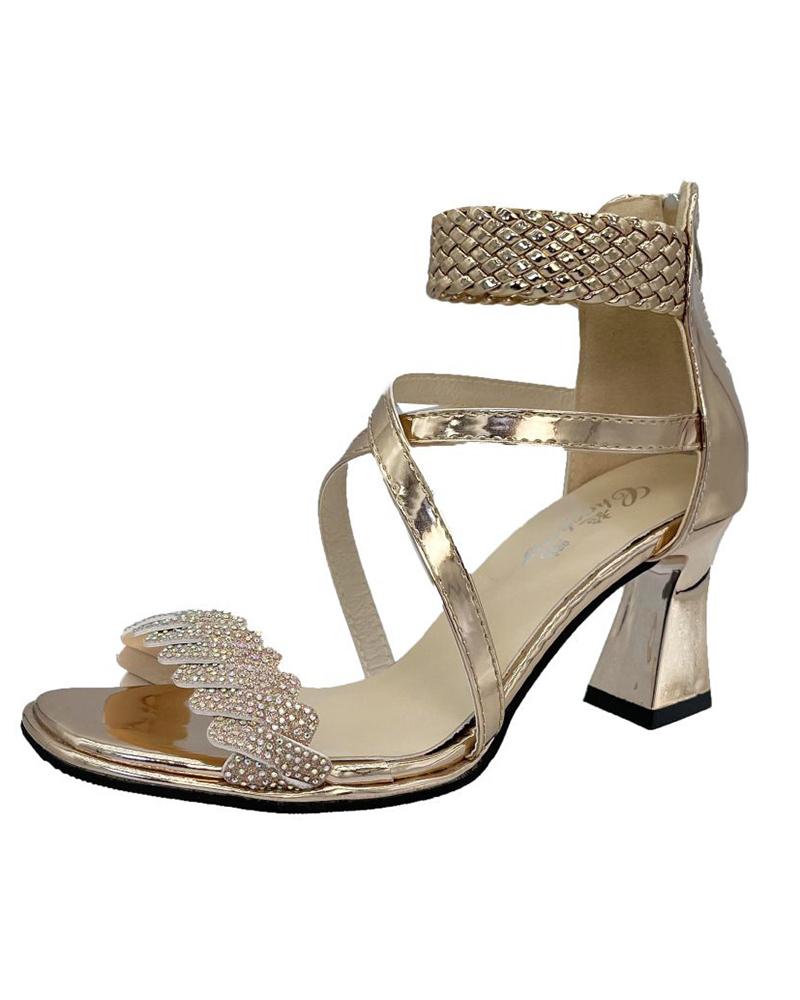 

Criss Cross Ankle Strap Rhinestone Pyramid Heels, Champagne