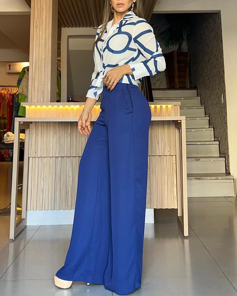 

Letter Print Long Sleeve Shirt & Wide Leg Pants Set, Blue