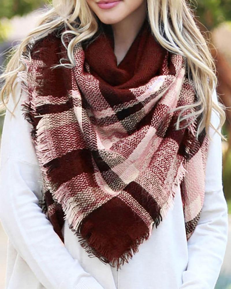 

Plaid Fringe Hem Scarf, Red