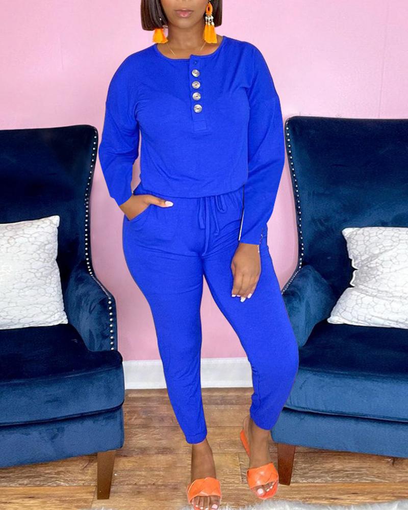 

Button Front Pocket Detail Drawstring Jumpsuit, Blue