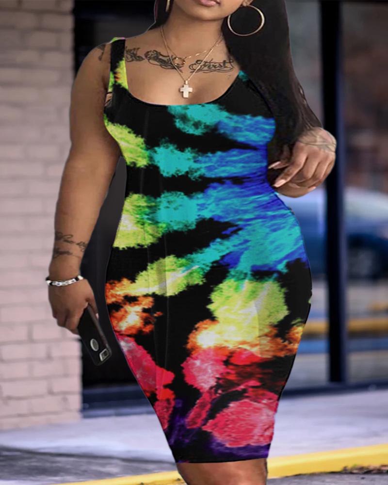 

Plus Size Tie Dye Print U-Neck Sleeveless Bodycon Dress, Black