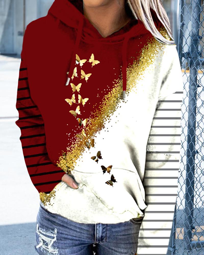 

Plus Size Butterfly Print Colorblock Long Sleeve Hoodie, Red