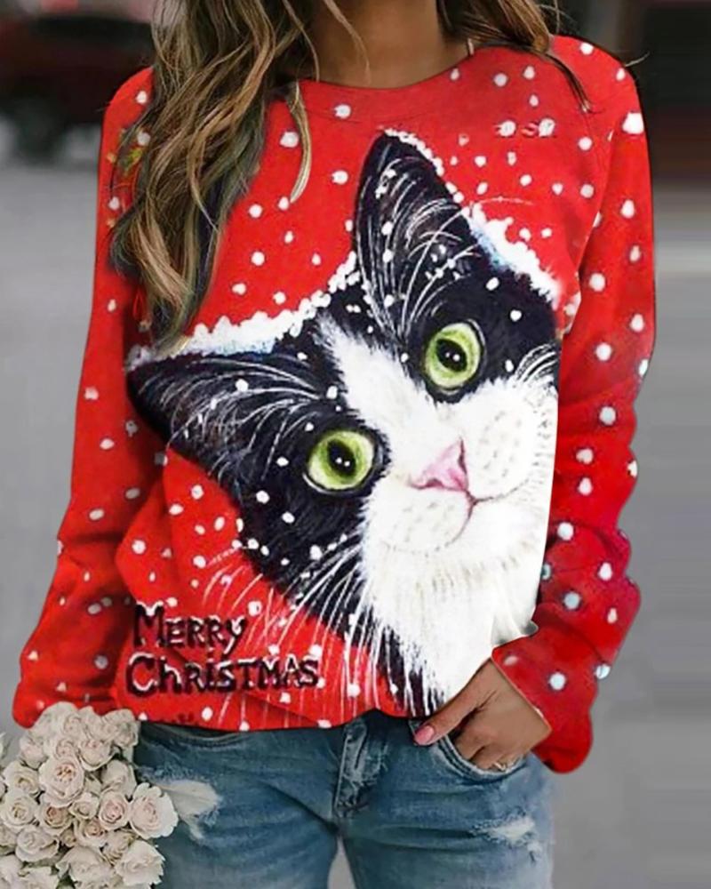 

Christmas Cat Print Long Sleeve Sweatshirt, Red