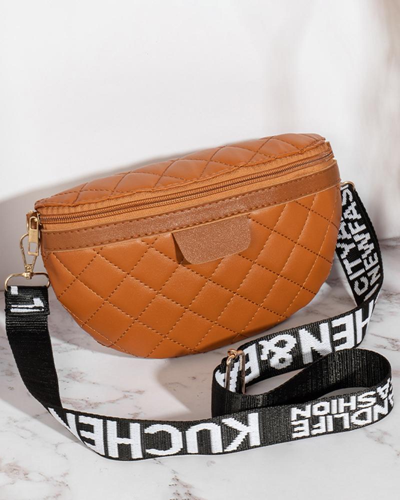

Quilted Letter Band Zipper Design Crossbody Bag, Brown