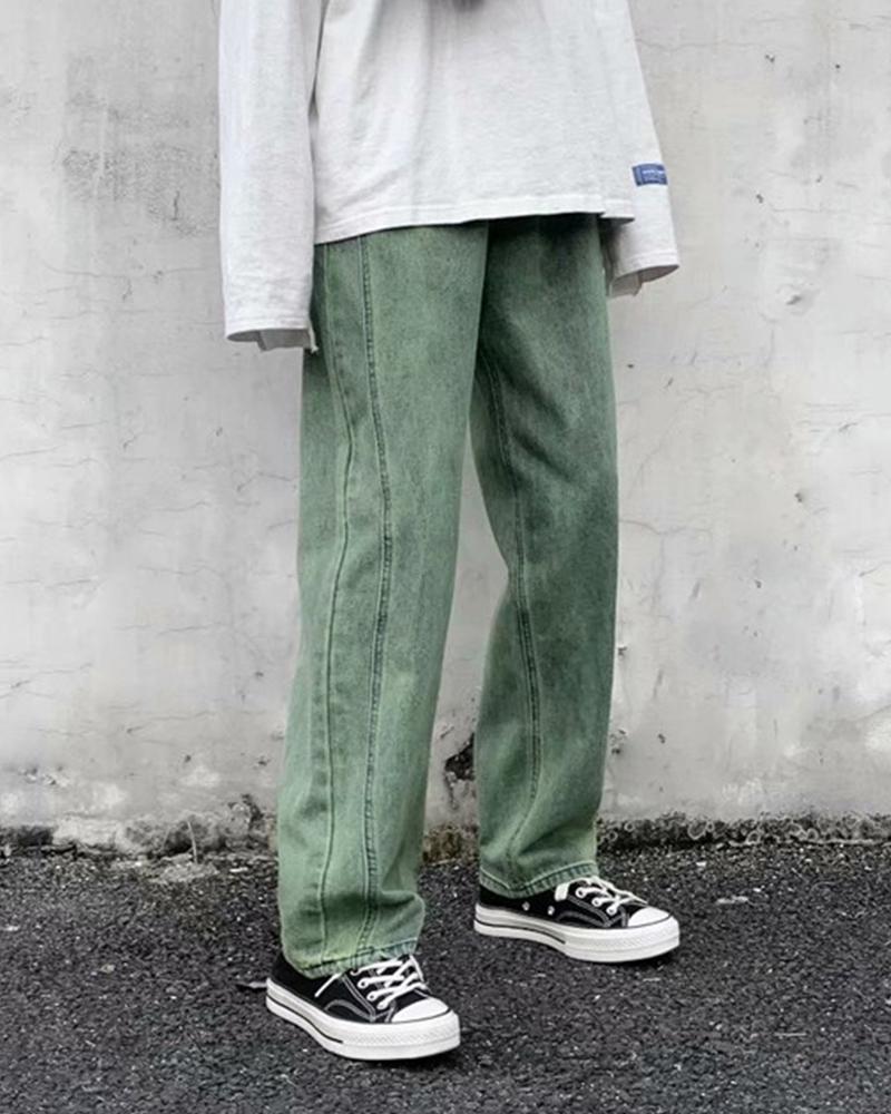 

Solid Color Baggy Straight Jean Pants, Green