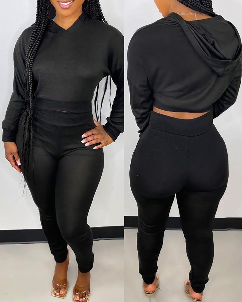 

Long Sleeve Hooded Top & High Waist Pants Set, Black