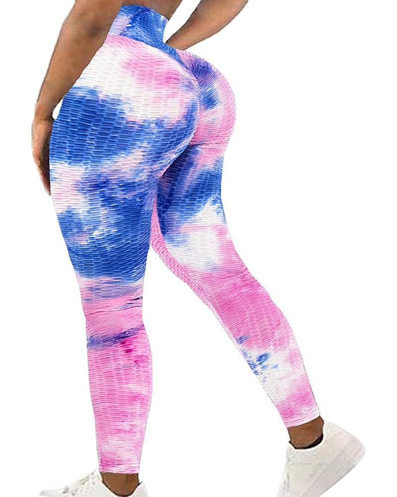 

Tie Dye Print Bubble Textured High Waist Yoga Pants Tummy Control Slimming Booty Leggings, Blue