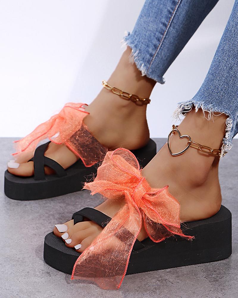 

Solid Lace Strappy Bowknot Open-toe Platform Flat Sandals, Orange