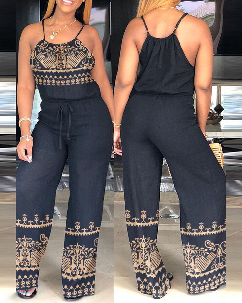 

Baroque Print Spaghetti Strap Wide Leg Jumpsuit, Black