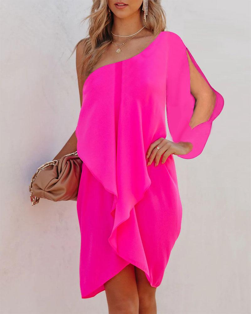 

One Shoulder Split Sleeve Draped Casual Dress, Hot pink