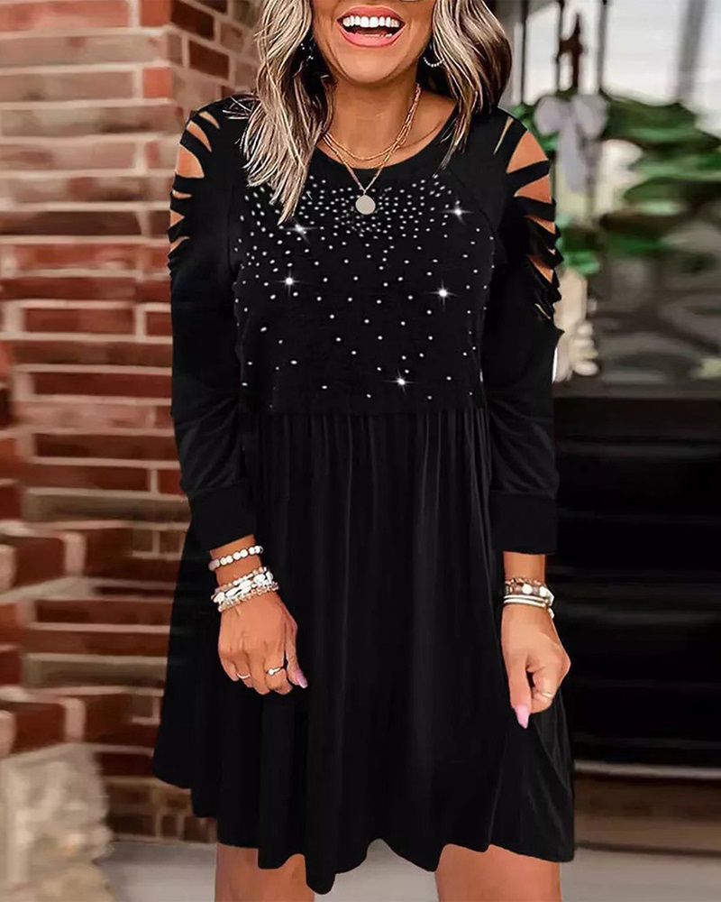 

Rhinestone Decor Cold Shoulder Casual Dress, Black